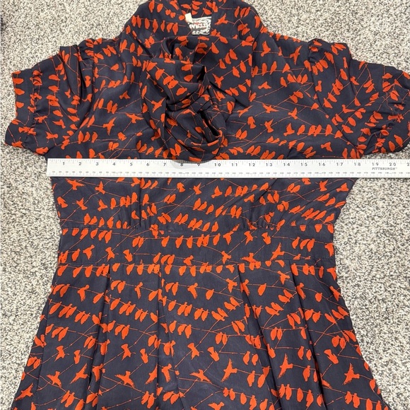 Pink Martini Navy Dress with Red/Orange Bird Design 50’s Vibes Tie Neck Vintage - Picture 14 of 14